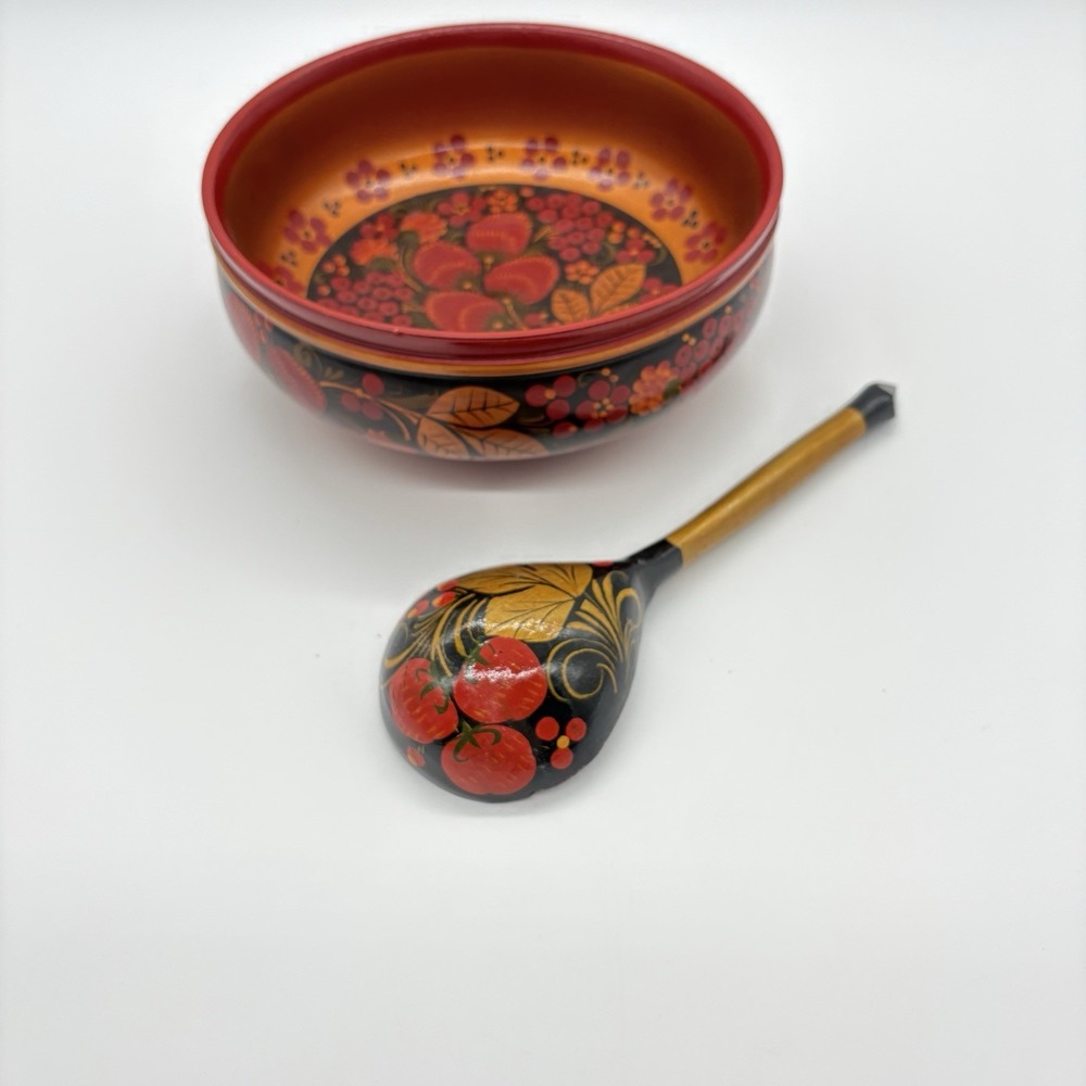 Russian Art Khokhloma Wooden Bowl Matching Spoon Traditional Floral Berry Design - Picture 10 of 16